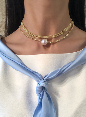 韩国短款珍珠镶钻项链小众设计感