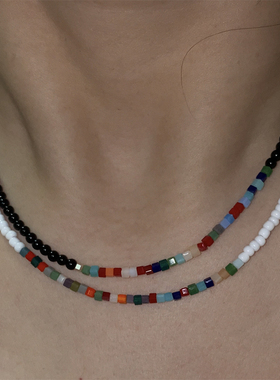 欧韩彩色串珠女双层叠戴项链