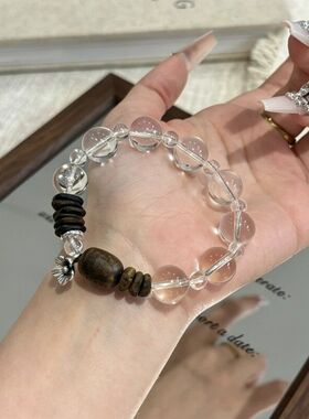 天然高透白水晶沉香隔片手链复古花朵串珠手串国风禅意手饰