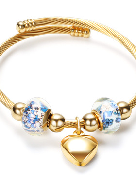 diy串珠不锈钢手镯 欧美风女士女士钛钢手镯开口爱心金色手链