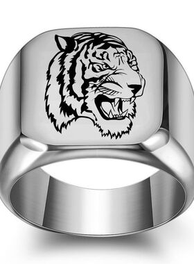 厂家批发 十二生肖激光雕刻虎年本命年东北虎18MM方形不锈钢戒指
