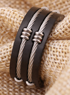 欧美潮流个性钛钢电缆绳黑色威亚戒指时尚 男士指环尾戒指环