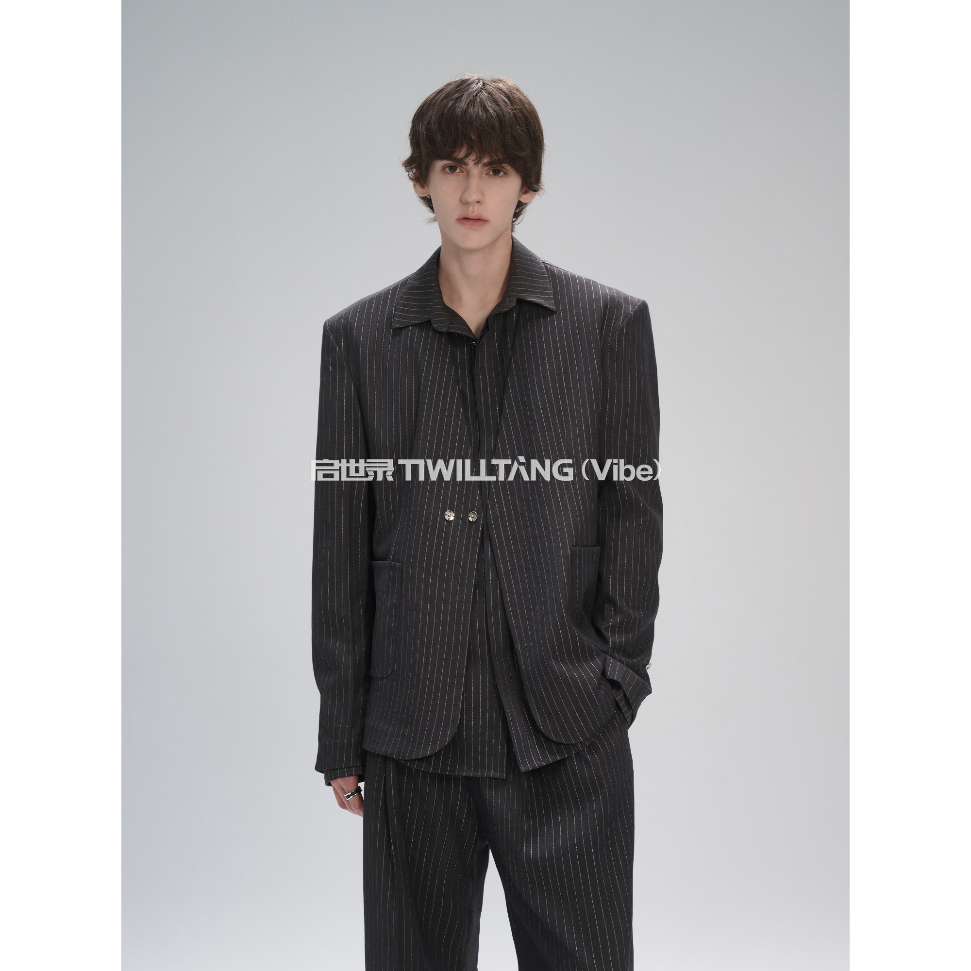 启世录TIWILLTANG“虚澜枕梦”暗月烟灰高奢条纹优雅西装慵懒长裤,淘宝优惠券,粉丝福利购,淘宝优惠卷