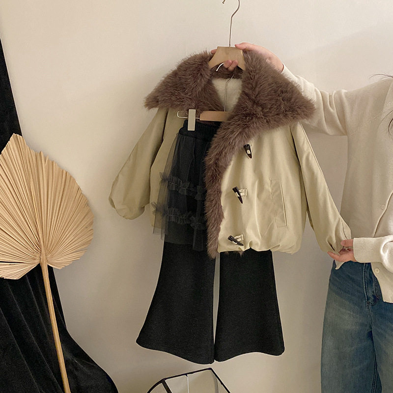 GLP KISS韩版童装女童冬季洋气加绒气质翻领毛绒牛角扣外套屁帘裤,淘宝优惠券,粉丝福利购,淘宝优惠卷