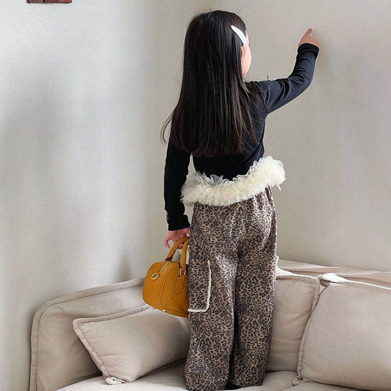 GLP KISS韩式童装26春季女童洋气KT猫拼接网纱长袖T恤豹纹阔腿裤,淘宝优惠券,粉丝福利购,淘宝优惠卷