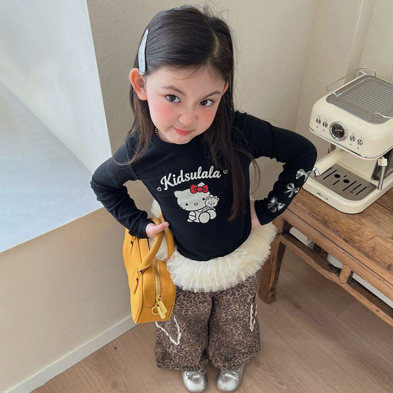 GLP KISS韩式童装26春季女童洋气KT猫拼接网纱长袖T恤豹纹阔腿裤,淘宝优惠券,粉丝福利购,淘宝优惠卷