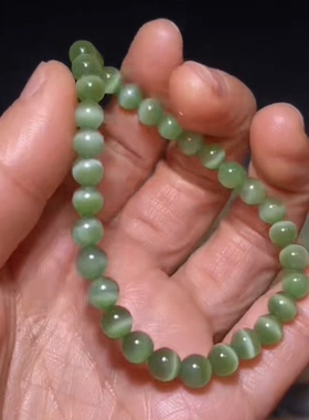 高品和田玉碧玉粉绿猫眼圆珠手串油性脂粉足猫眼灵动活灵活现 6mm