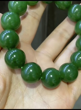 精品新疆和田玉籽料碧玉 菠菜绿圆珠手串 颜色浓郁 细度过灯 15mm