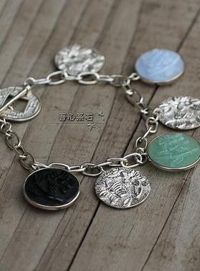 纯银天然黑曜石玉髓蝴蝶手链