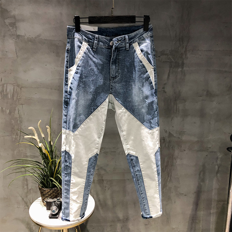 2025秋季潮流休闲小脚牛仔裤男哈伦裤个性拼接时尚修身九分裤痞帅,淘宝优惠券,粉丝福利购,淘宝优惠卷