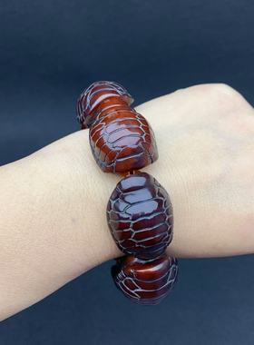 天然西藏红牦牛角雕刻富甲手串福寿如意手链男带血丝藏式文玩牛角