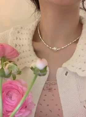 碎银子拼接爱心珍珠吊坠项链女