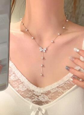 千亿少女#纯欲仙气蝴蝶抽拉珍珠流苏项链女轻奢小众颈链锁骨链美