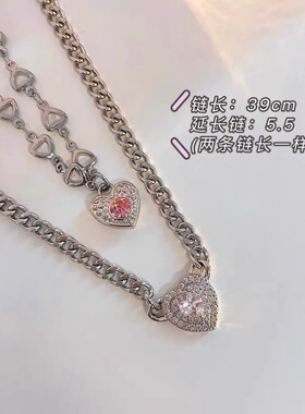 【千亿少女】ins设计感爱心拼接链条锁骨链微镶锆石甜酷百搭静链