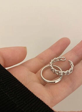 千亿少女#冷淡风麻花链条2件套装戒指女小众设计感轻奢简约食指戒