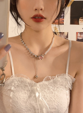 【千亿少女】爱心拼接珍珠项链女小众设计高级轻奢锁骨链百搭颈链