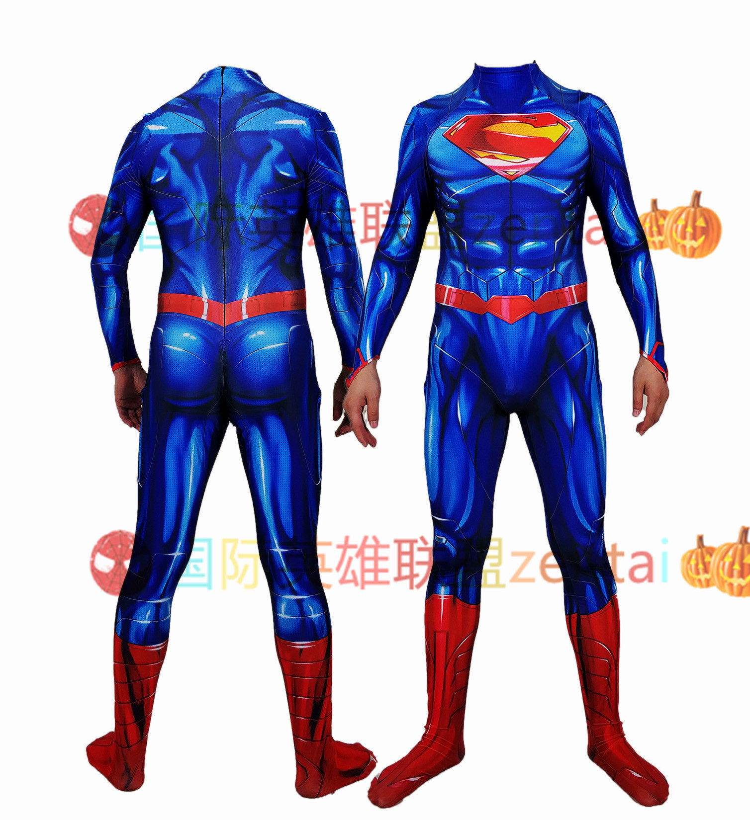 DC漫画正义联盟新款蓝色肌肉超人连体紧身衣Superman Cos扮演套装_虎窝淘