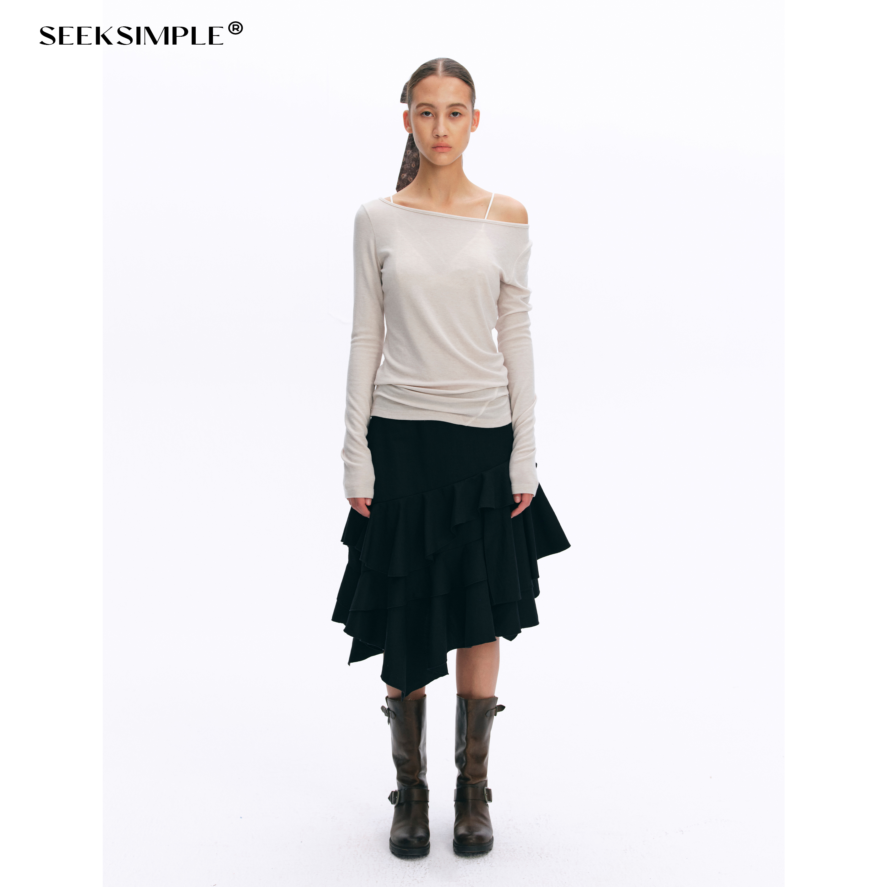 SEEKSIMPLE  羊毛混纺船领分割线长袖T恤女秋季宽松显瘦打底上衣 - 图3