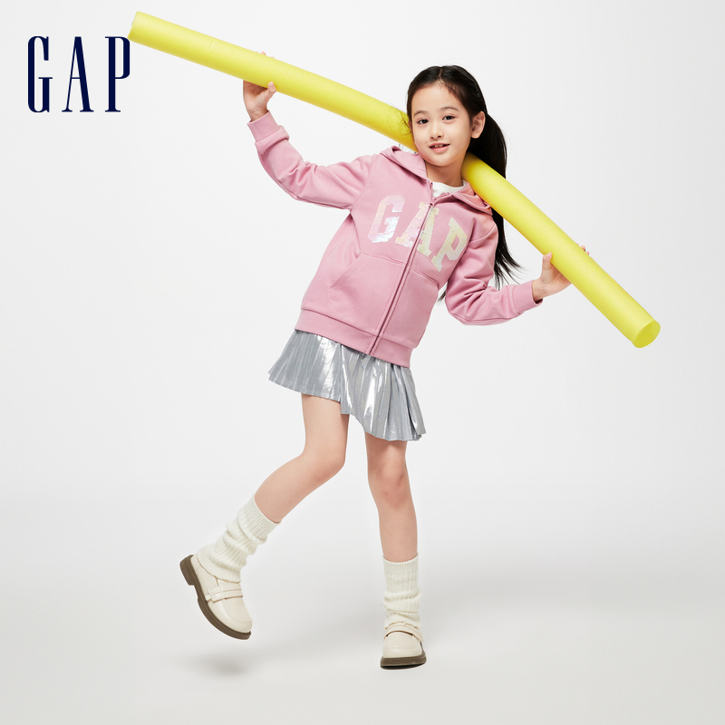 Gap女童春季2024新款LOGO翻转亮片口袋连帽外套儿童装上衣890205