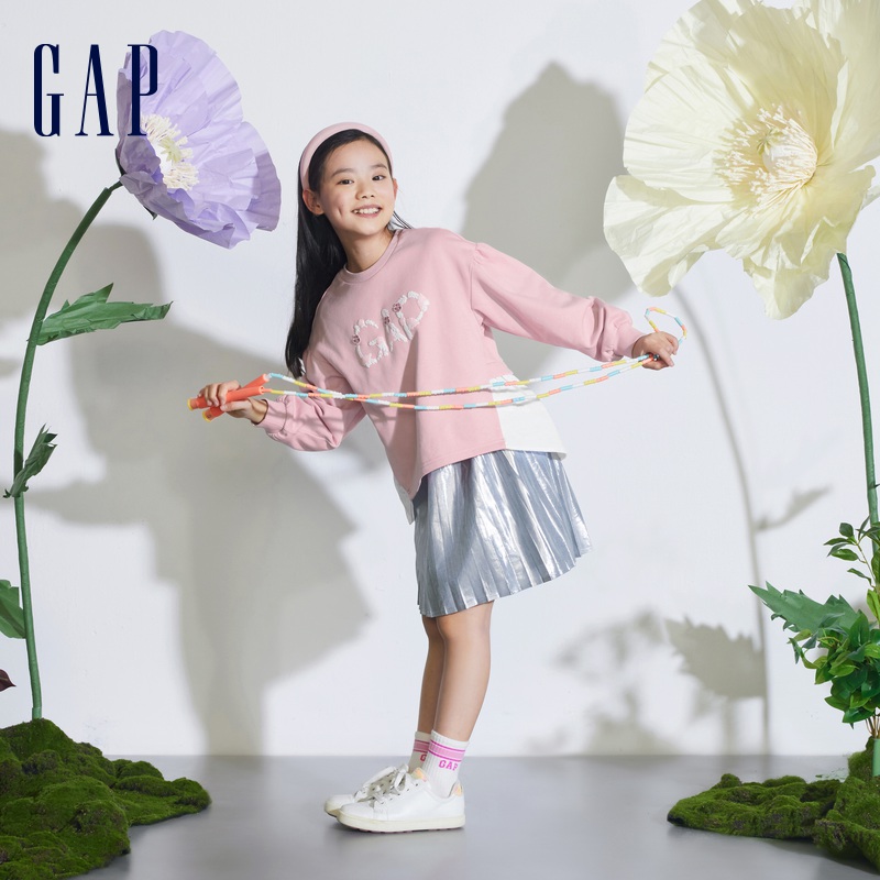 Gap女童2024春季新款柔软高弹logo拼接下摆卫衣儿童装上衣890218 - 图0