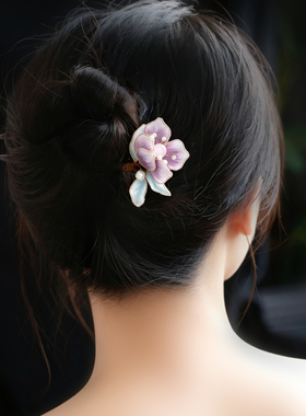 淡紫花瓣绒花木簪清冷国风发饰