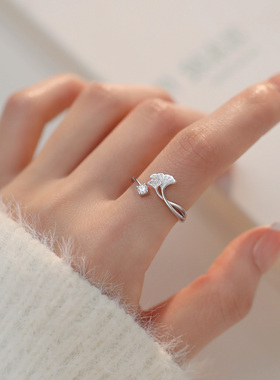 巷南925纯银银杏戒指开口戒