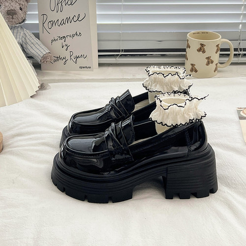 黑色单鞋女春秋新款乐福小皮鞋小个子松糕女鞋粗跟英伦风厚底鞋子 - 图2