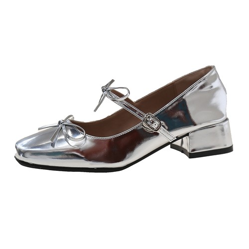 银色法式芭蕾玛丽珍女鞋单鞋女粗跟高跟鞋百搭气质配裙子小皮鞋jk - 图3