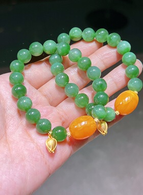 天然和田玉碧玉手链菠菜绿无黑点银镀金配饰老蜜蜡枣珠国风手链