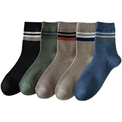 袜子男士中筒袜春秋条纹双杠吸汗ins潮简约日系运动长筒袜包邮