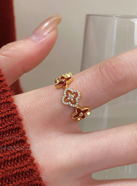 红色滴釉四叶草闪钻戒指女镂空