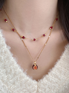 勃艮第红石榴吊坠项链女款