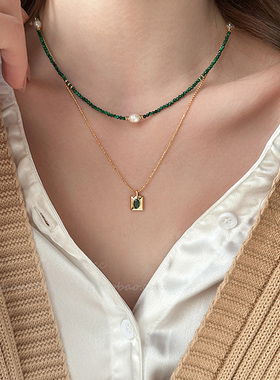 轻奢孔雀石款小米珍珠串珠项链