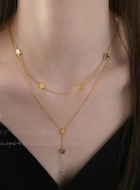 时尚简约五角星双层叠戴钛钢项链