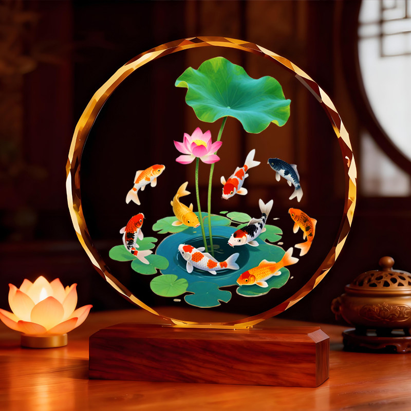 荷花锦鲤图摆件鲤鱼运财九鱼聚财图客厅酒柜办公室电视柜店铺摆台,淘宝优惠券,粉丝福利购,淘宝优惠卷