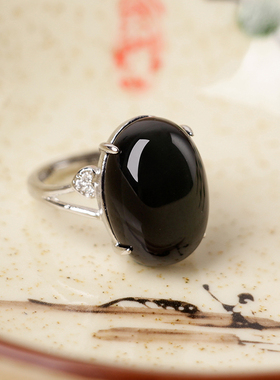 天然黑曜石防小人银戒指保平安