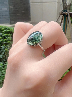 天然水草玛瑙国风925银镶嵌戒指