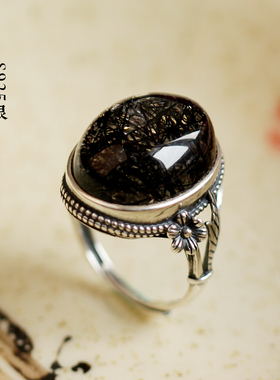天然黑发晶招财正小人银戒指