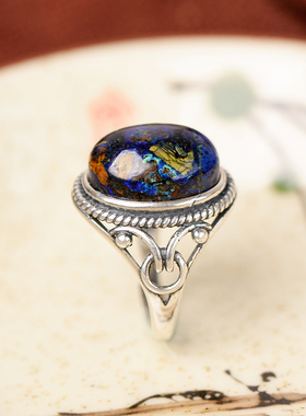 天然凤凰石戒族风戒指油画风景