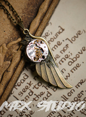vintage翅膀机械古董表齿轮吊坠