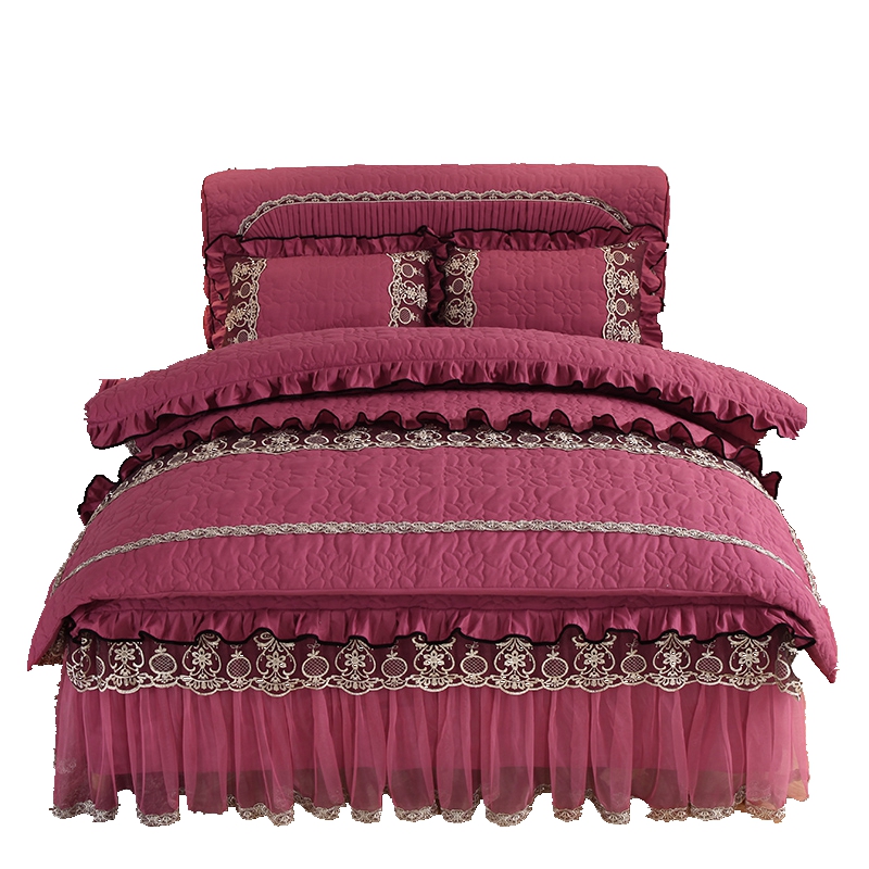 欧式蕾丝夹棉床裙四件套公主风纯色床罩水洗棉加厚被套防滑床罩套
