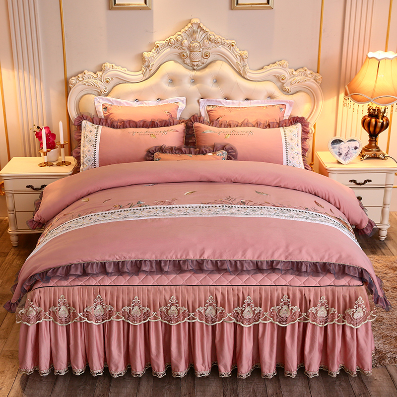欧式床裙款四件套绣花被套公主风天丝夹棉床罩1.8m米加厚床单刺绣