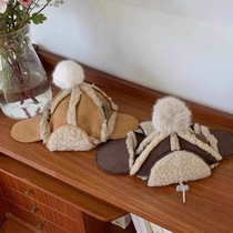 Korea ins fall winter plus suede warm windproof lamb wool pet hat kitty dog flying cap bib