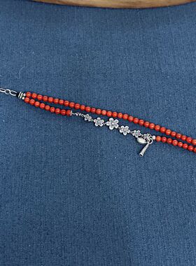 艺巫南红玛瑙花朵手链复古925银