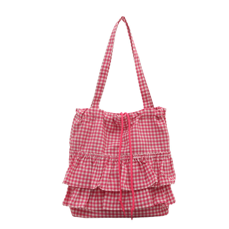 可爱学院风格子帆布包包女2025新款潮时尚韩国托特包大容量花边包,淘宝优惠券,粉丝福利购,淘宝优惠卷