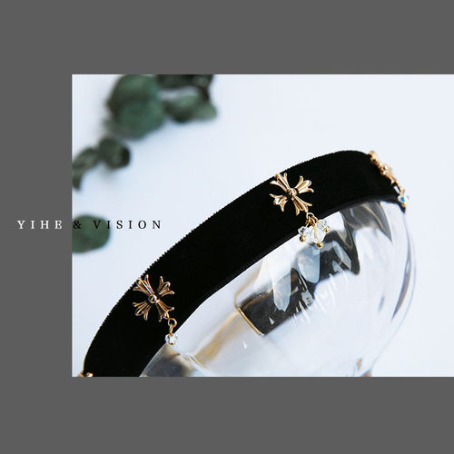 YIHE  原创设计欧式纹样复古宫廷黑色金属白水晶气质款choker - 图1