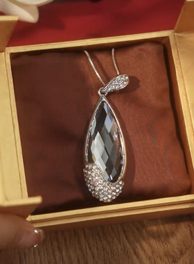 灰色水晶项链水滴毛衣链