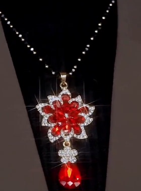 红色水晶项链花朵毛衣链长款高级感2025年新款潮百搭秋冬挂件配饰