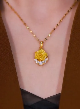 2025年新款潮轻奢金色玫瑰花吊坠项链优雅洋气时尚百搭颈链锁骨链