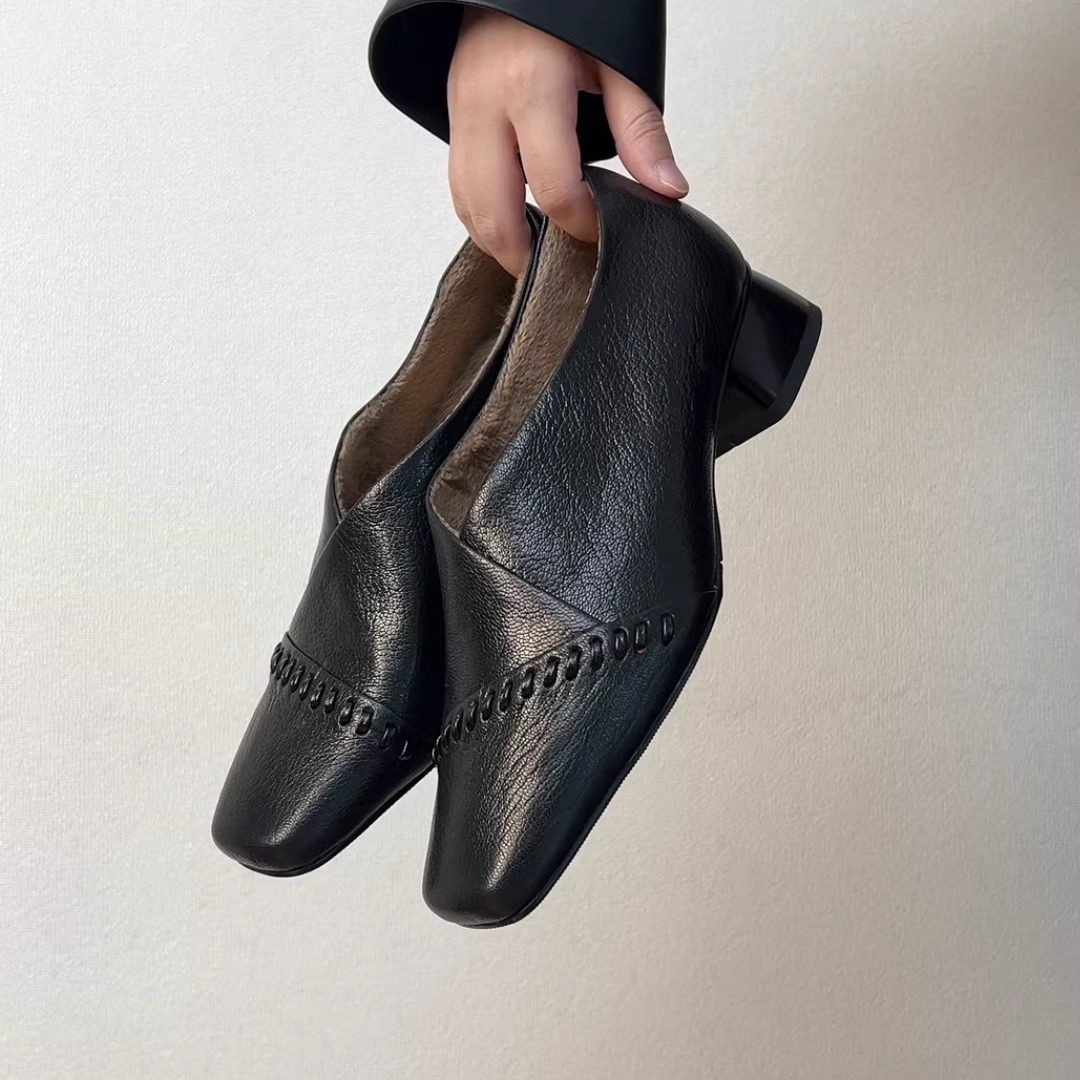 RubyL/3.5cm复古方头羊皮深口单鞋女粗跟百搭通勤鞋编织装饰中跟,淘宝优惠券,粉丝福利购,淘宝优惠卷